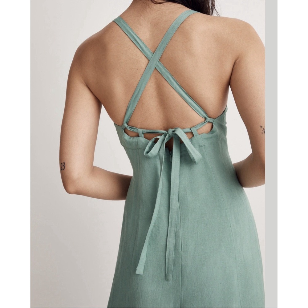 Madewell Tie-Back Midi Cami Dress 00 Boho Lagenlook Green Linen Blend Fairy Scan - Picture 4 of 16
